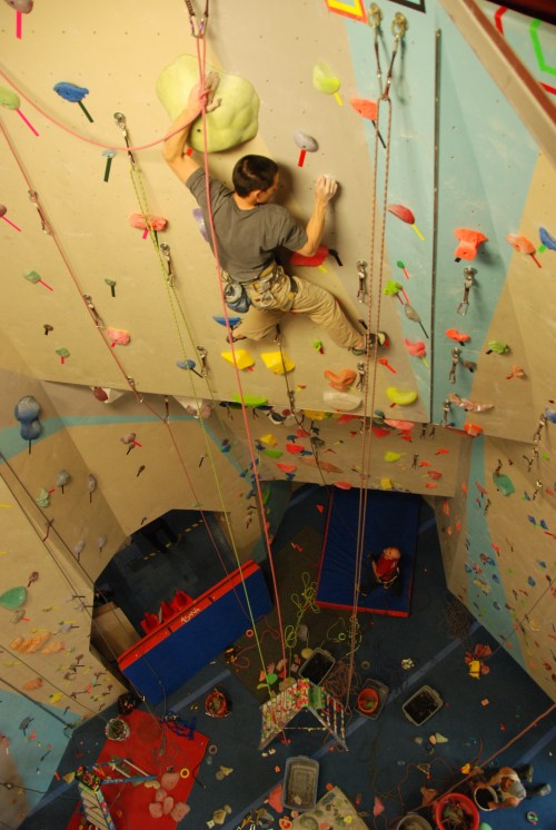 Ho in the process of climbing nearly every route while setting.