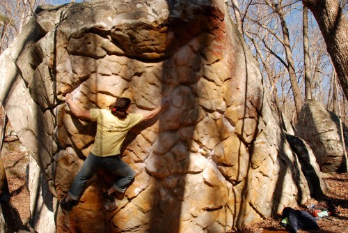 Golden Shower V5 - One of the most aesthetic boulders around.  Climbs pretty darn good too.  Rocktown, GA